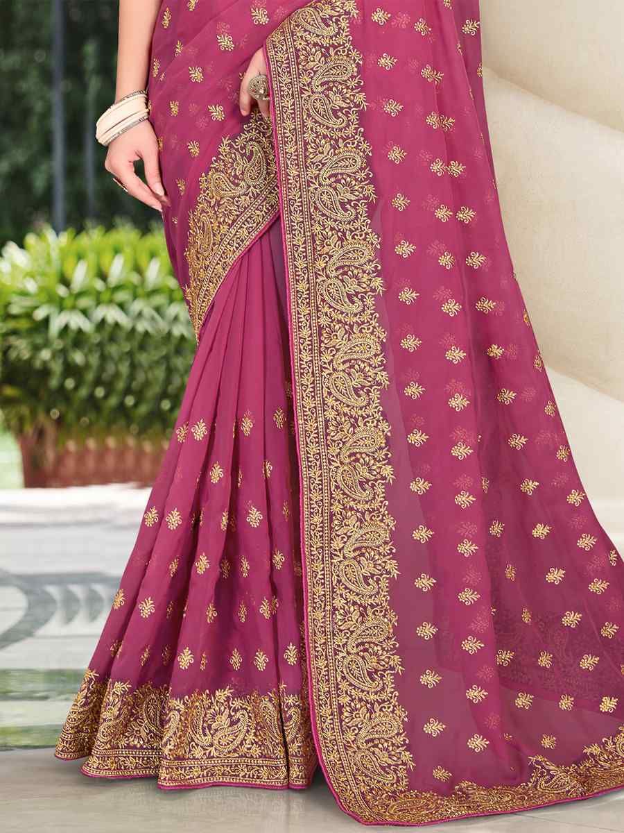 Dusty Gajari Georgette Embroidered Wedding Festival Heavy Border Saree