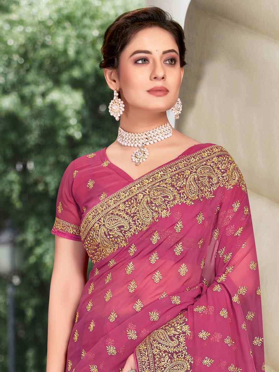 Dusty Gajari Georgette Embroidered Wedding Festival Heavy Border Saree