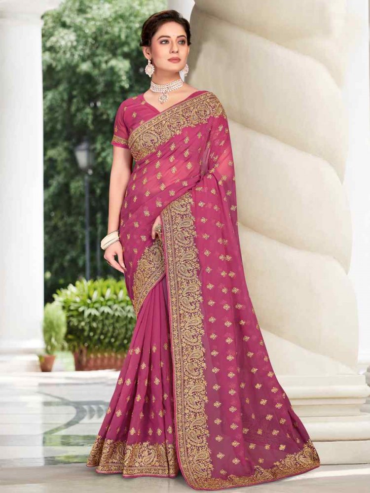 Dusty Gajari Georgette Embroidered Wedding Festival Heavy Border Saree