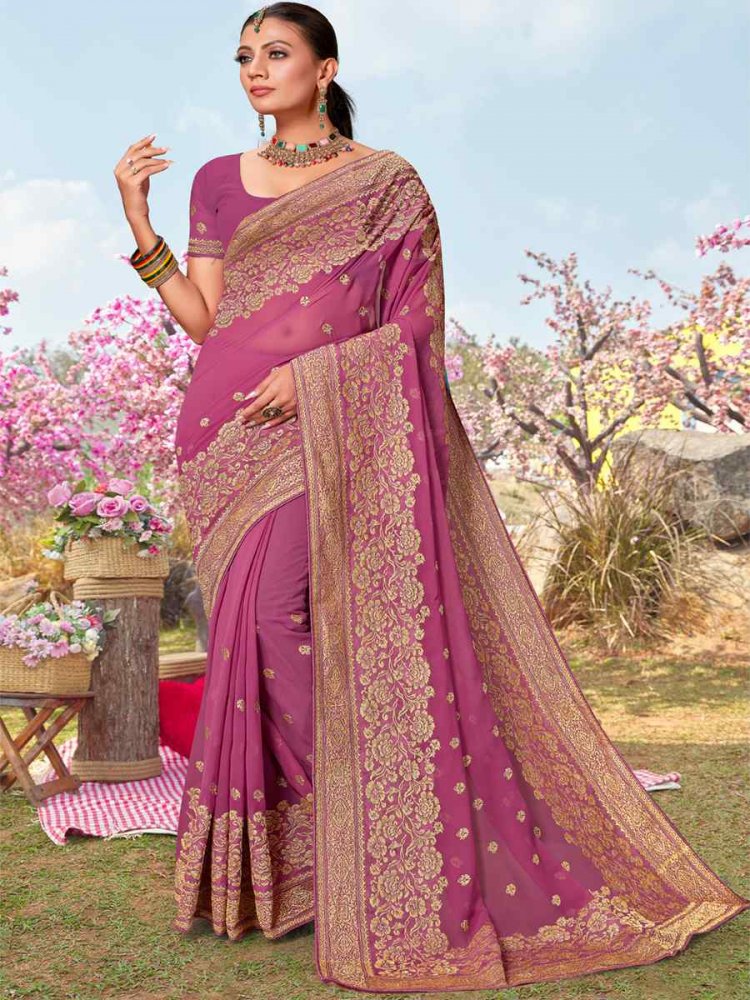 Dusty Gajri Georgette Embroidered Wedding Festival Heavy Border Saree