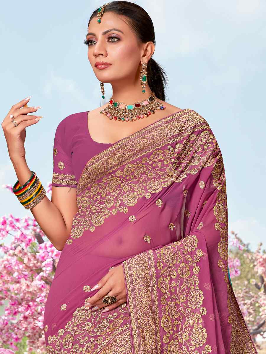 Dusty Gajri Georgette Embroidered Wedding Festival Heavy Border Saree