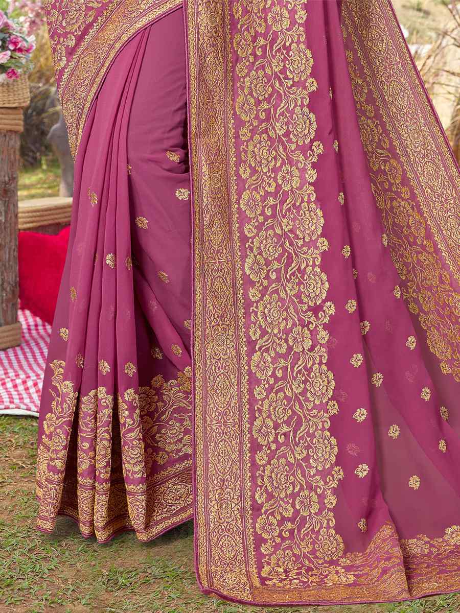 Dusty Gajri Georgette Embroidered Wedding Festival Heavy Border Saree