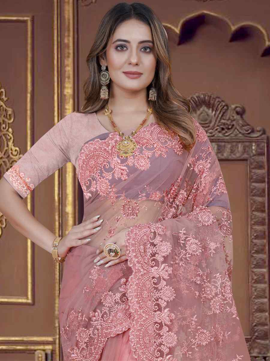 Dusty Gajri Net Embroidered Wedding Party Heavy Border Saree