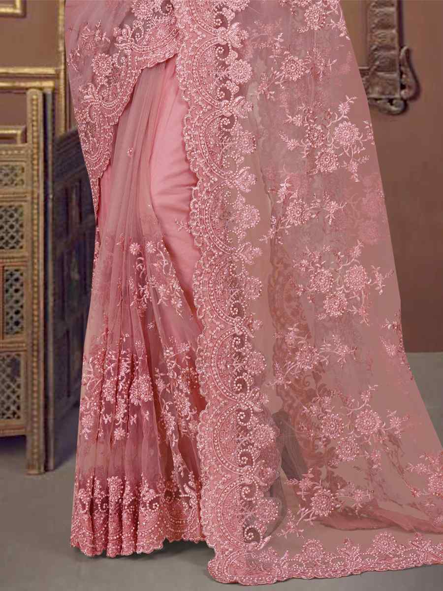 Dusty Gajri Net Embroidered Wedding Party Heavy Border Saree