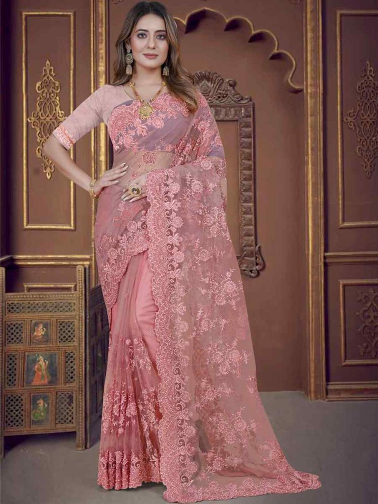 Dusty Gajri Net Embroidered Wedding Party Heavy Border Saree