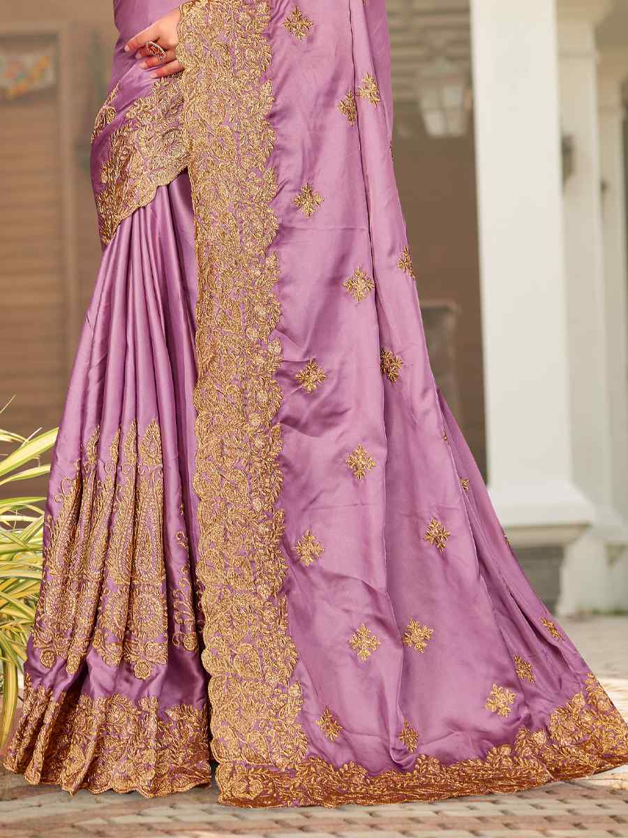 Dusty Gajri Pure Satin Embroidered Wedding Festival Heavy Border Saree