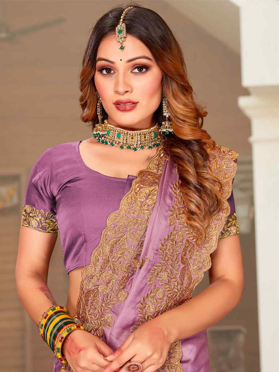 Dusty Gajri Pure Satin Embroidered Wedding Festival Heavy Border Saree