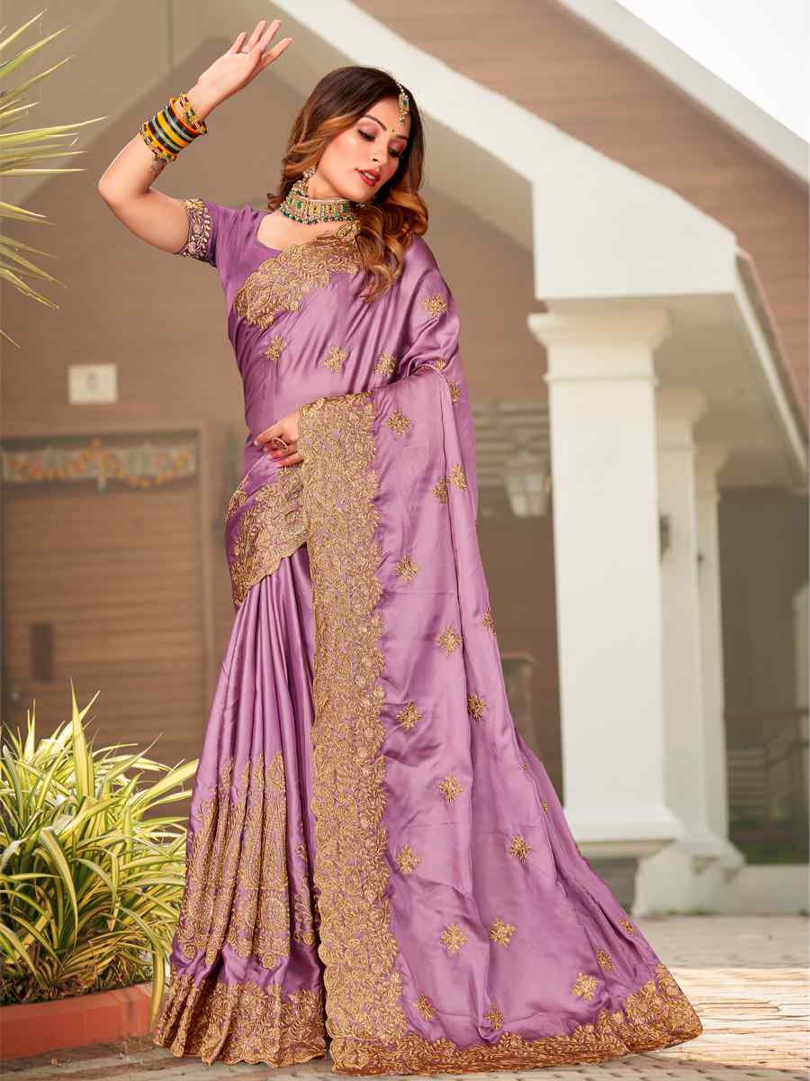 Dusty Gajri Pure Satin Embroidered Wedding Festival Heavy Border Saree