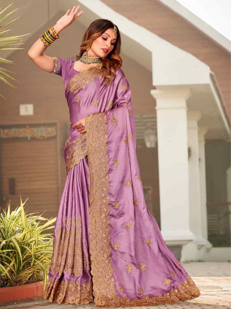 Dusty Gajri Pure Satin Embroidered Wedding Festival Heavy Border Saree