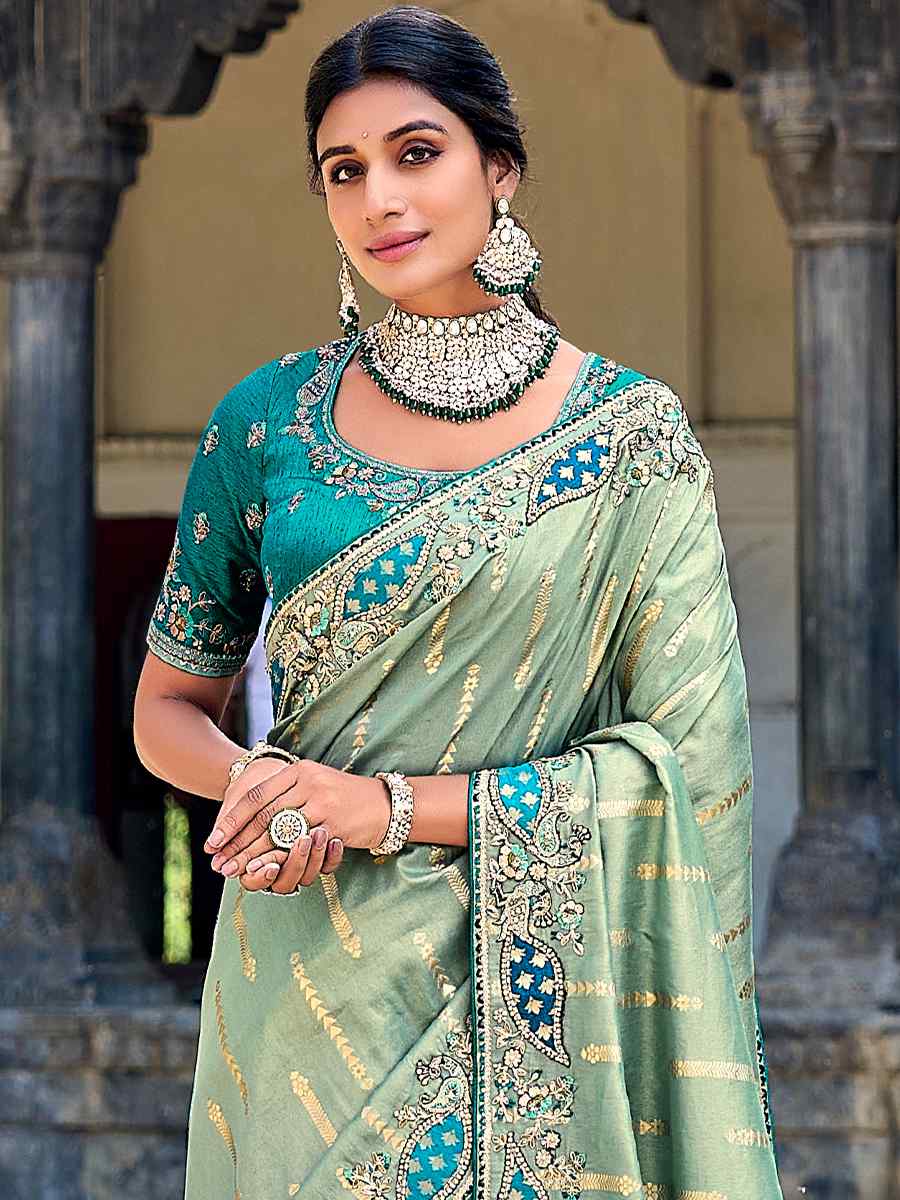 Dusty Green Banarasi Silk Embroidered Wedding Festival Heavy Border Saree