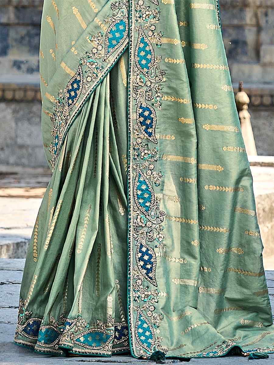 Dusty Green Banarasi Silk Embroidered Wedding Festival Heavy Border Saree
