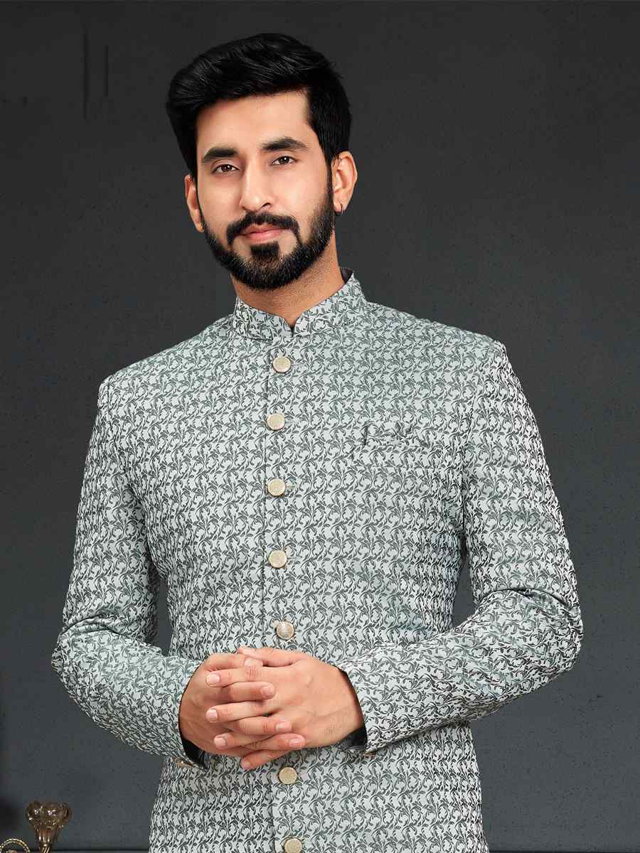 Dusty Green Heavy Imported Jacquard Woven Groom Wedding Sherwani