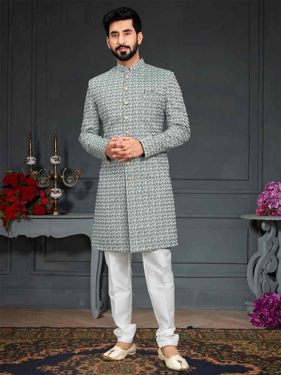 Dusty Green Heavy Imported Jacquard Woven Groom Wedding Sherwani