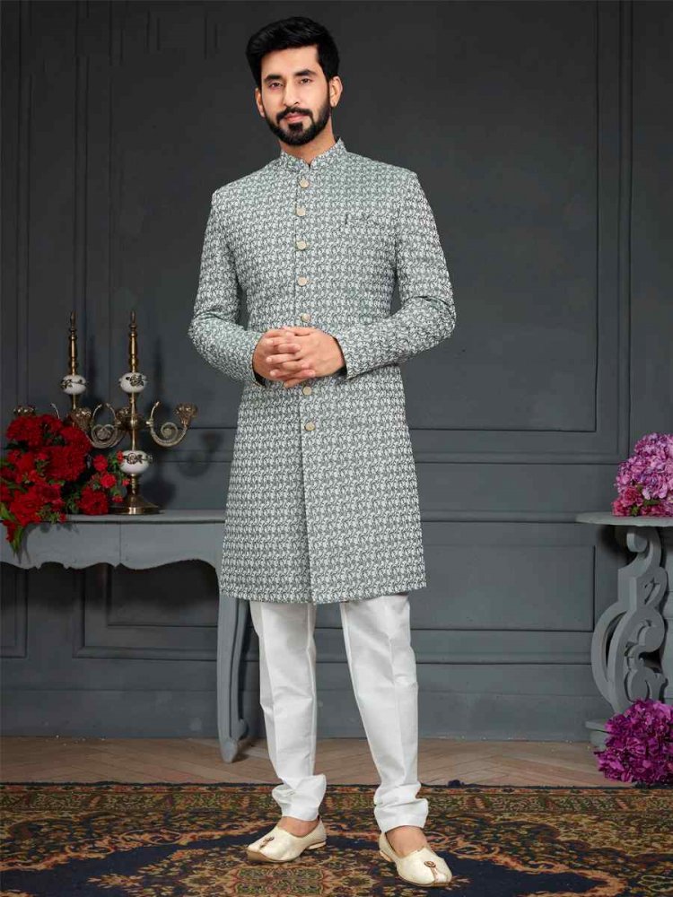 Dusty Green Heavy Imported Jacquard Woven Groom Wedding Sherwani