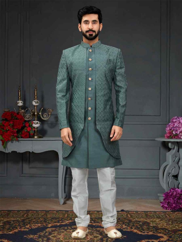 Dusty Green Heavy Imported Silk Woven Groom Wedding Sherwani