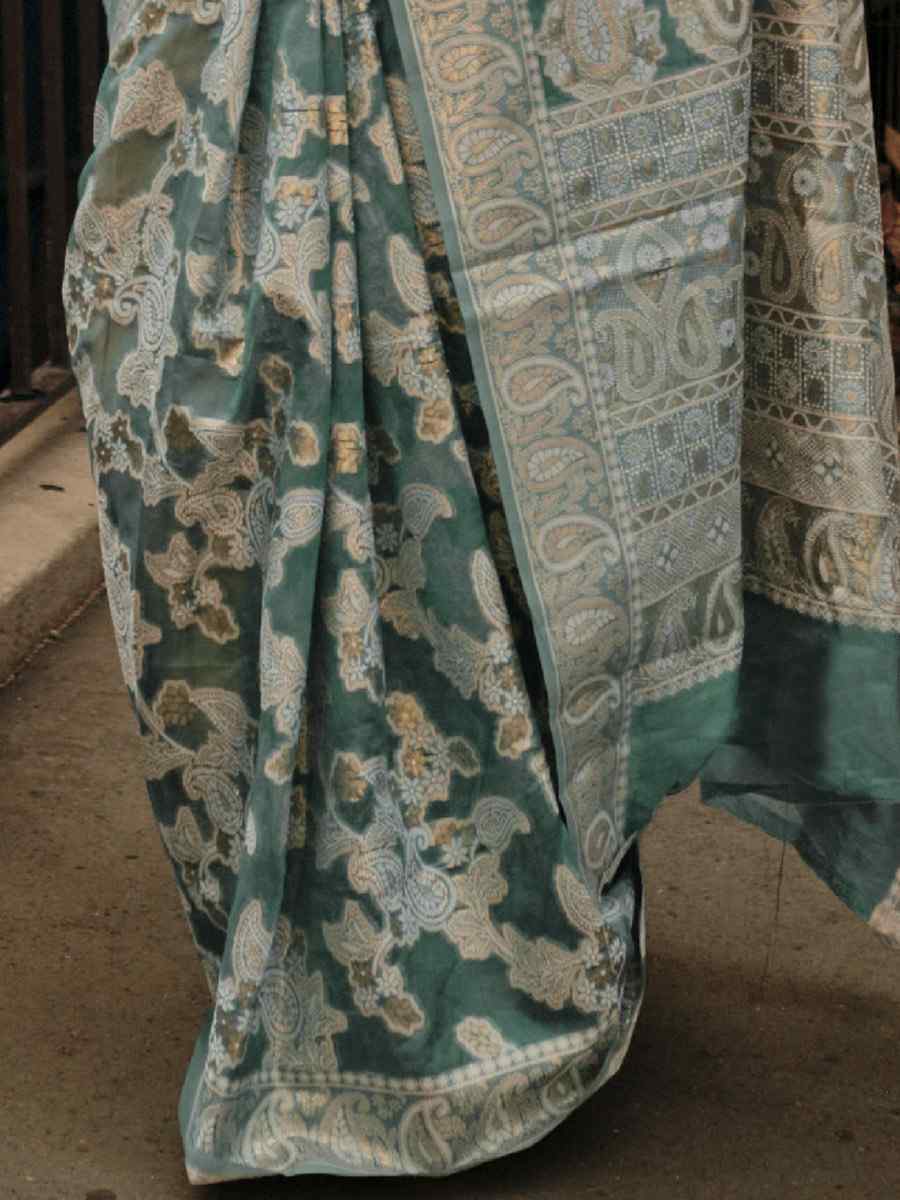 Dusty Green Lucknowi Organza Handwoven Wedding Festival Heavy Border Saree
