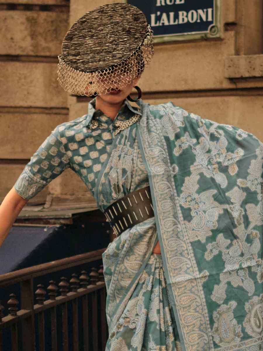 Dusty Green Lucknowi Organza Handwoven Wedding Festival Heavy Border Saree