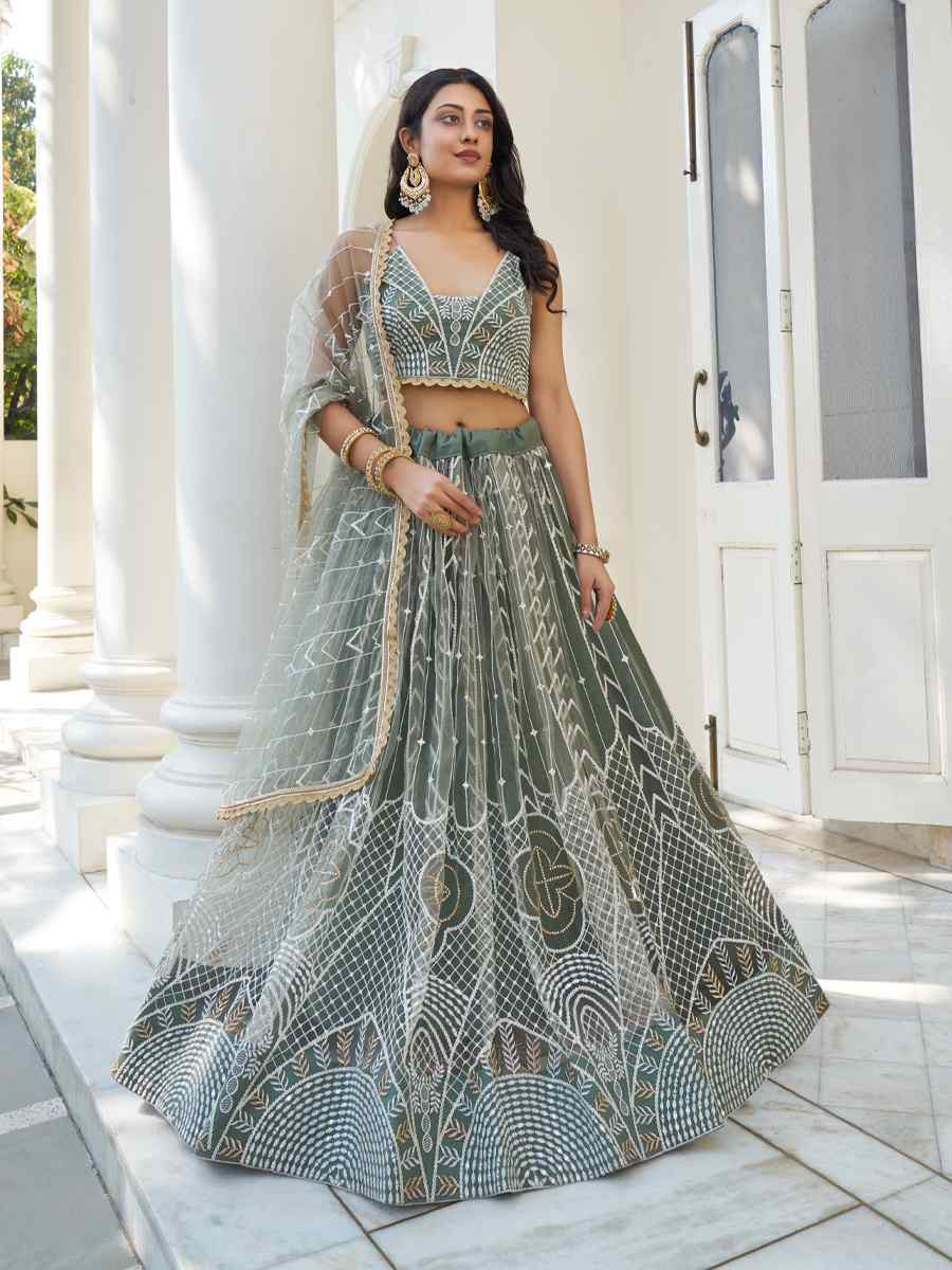 Dusty Green Net Embroidered Wedding Reception Festival Heavy Border Lehenga Choli