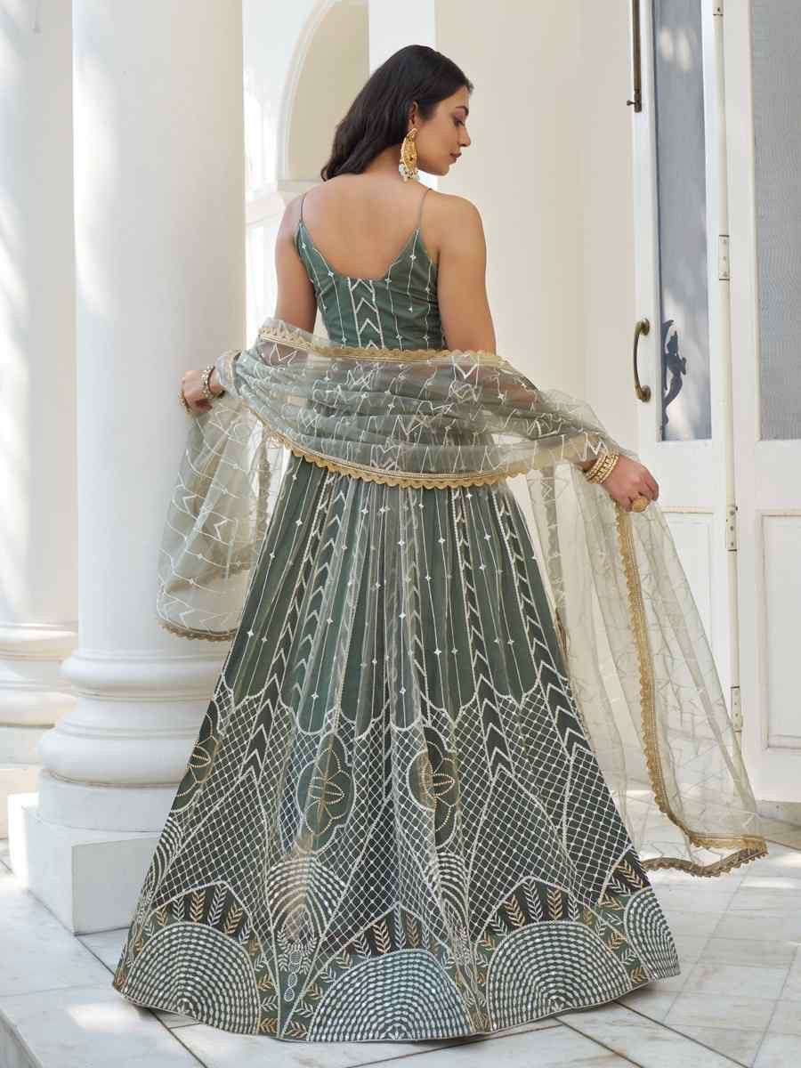 Dusty Green Net Embroidered Wedding Reception Festival Heavy Border Lehenga Choli