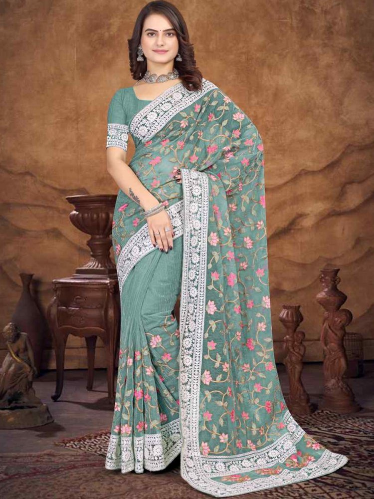 Dusty Green Organza Embroidered Wedding Festival Heavy Border Saree