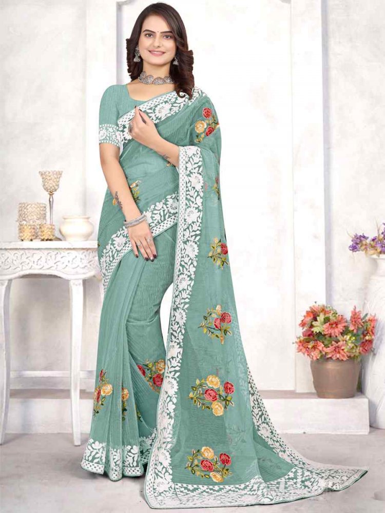 Dusty Green Organza Embroidered Wedding Festival Heavy Border Saree