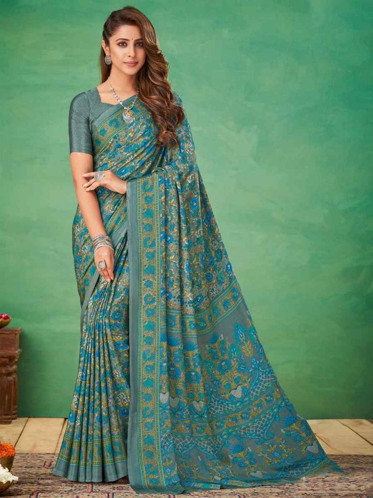 Dusty Green Silk Crepe Printed Casual Festival Contemporary Saree