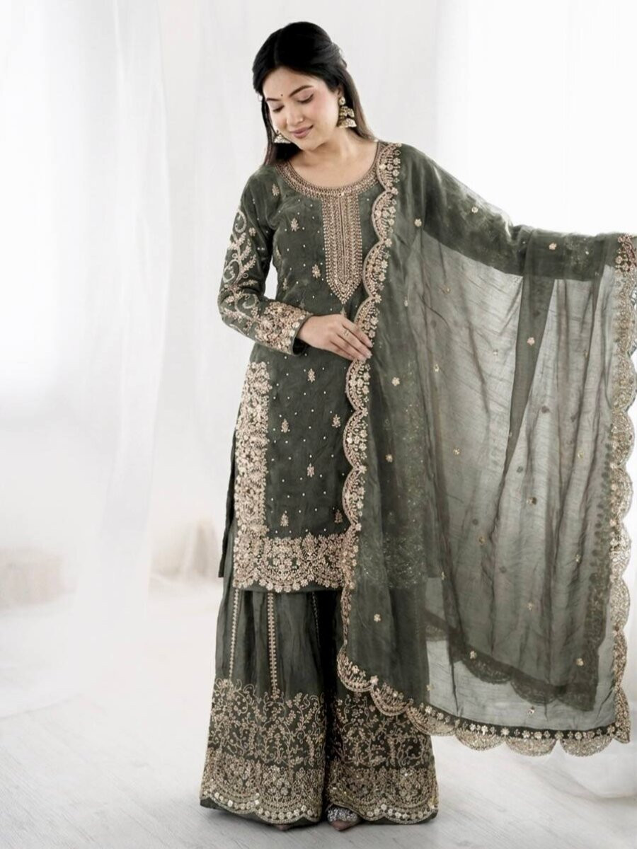 Dusty Grey Fendy Silk Embroidery Sequins Zari Wedding Party Festival Casual Ready Palazzo Pant Salwar Kameez