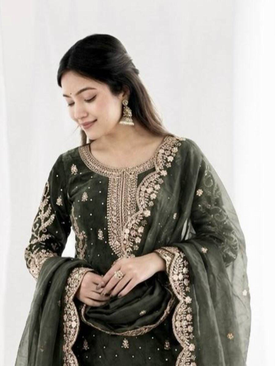 Dusty Grey Fendy Silk Embroidery Sequins Zari Wedding Party Festival Casual Ready Palazzo Pant Salwar Kameez
