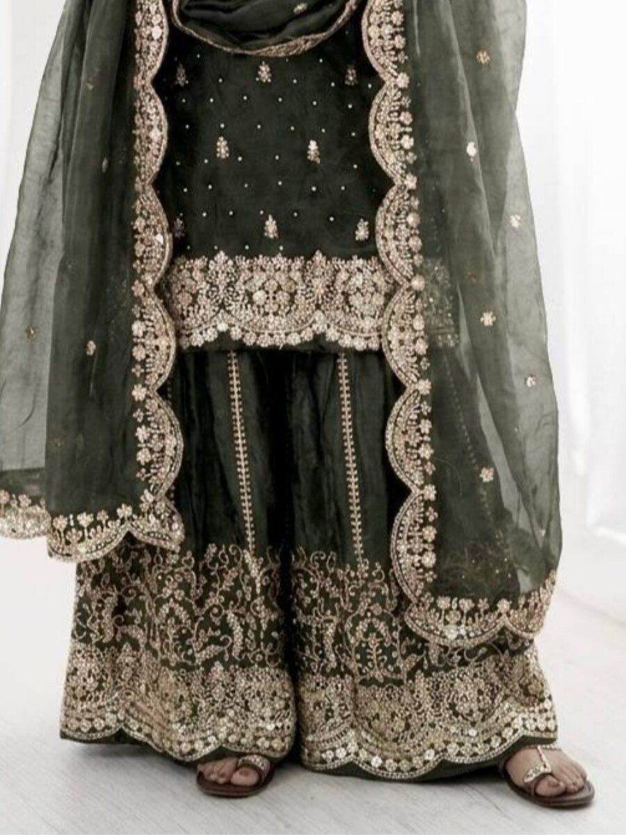 Dusty Grey Fendy Silk Embroidery Sequins Zari Wedding Party Festival Casual Ready Palazzo Pant Salwar Kameez