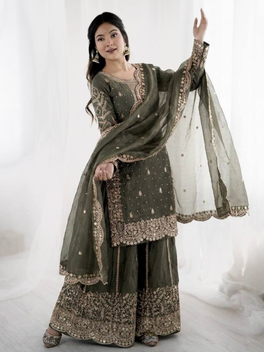 Dusty Grey Fendy Silk Embroidery Sequins Zari Wedding Party Festival Casual Ready Palazzo Pant Salwar Kameez