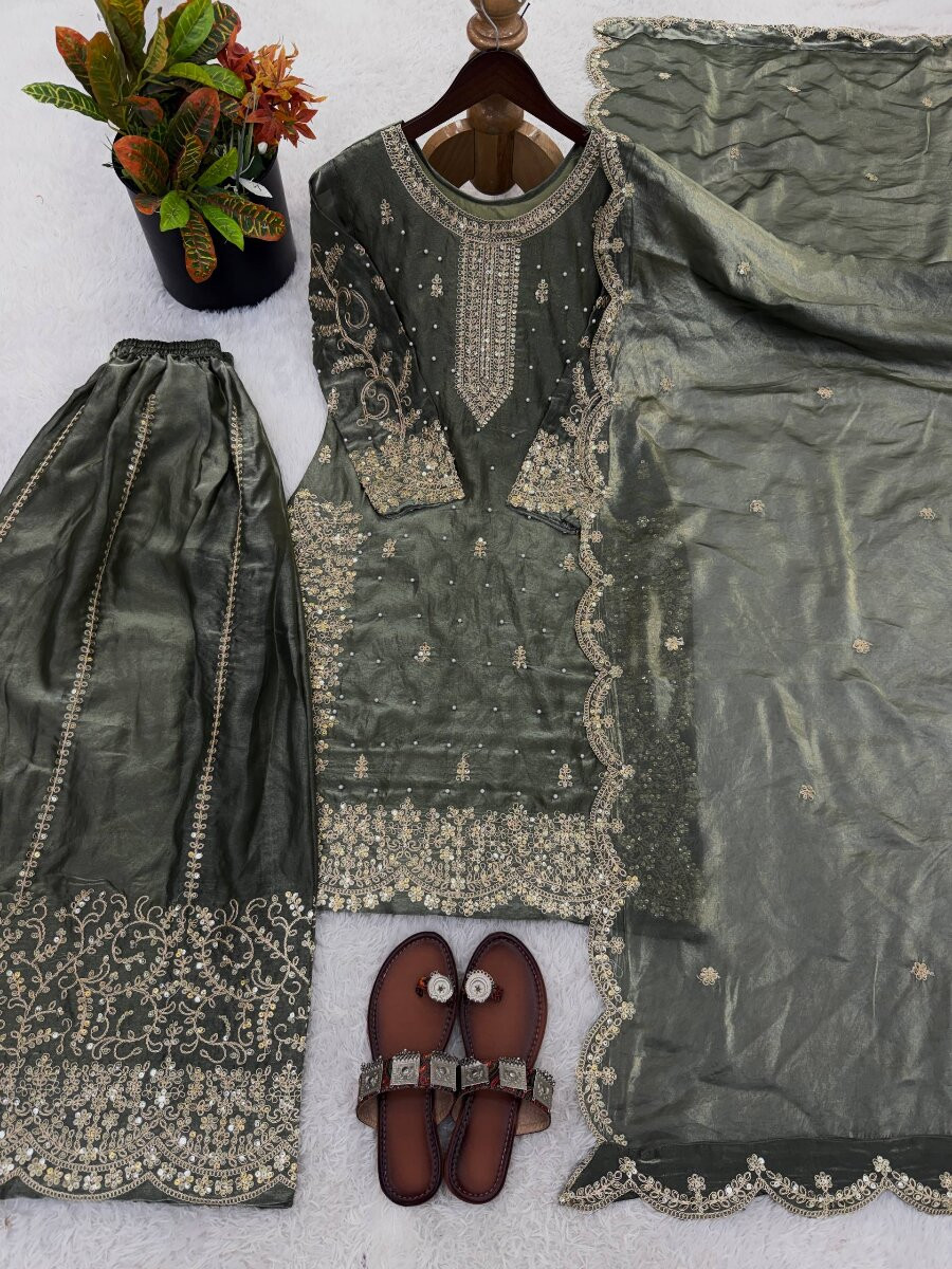 Dusty Grey Fendy Silk Embroidery Sequins Zari Wedding Party Festival Casual Ready Palazzo Pant Salwar Kameez