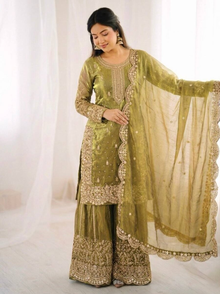 Dusty Grey Fendy Silk Embroidery Sequins Zari Wedding Party Festival Casual Ready Palazzo Pant Salwar Kameez