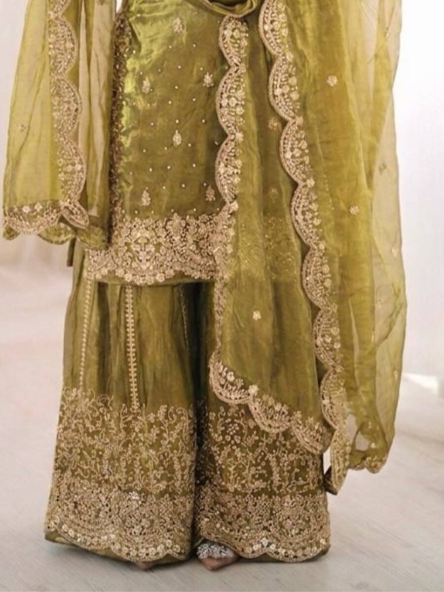 Dusty Grey Fendy Silk Embroidery Sequins Zari Wedding Party Festival Casual Ready Palazzo Pant Salwar Kameez