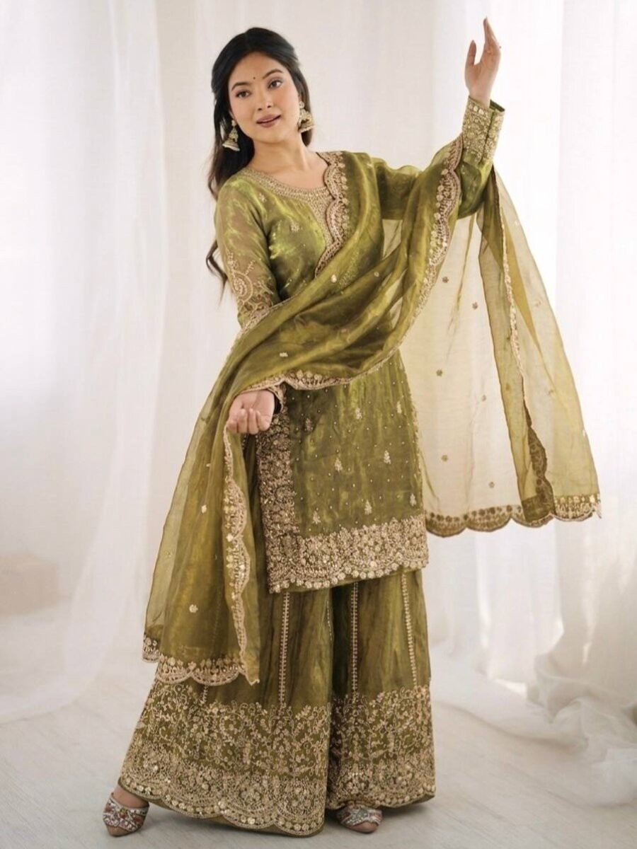 Dusty Grey Fendy Silk Embroidery Sequins Zari Wedding Party Festival Casual Ready Palazzo Pant Salwar Kameez