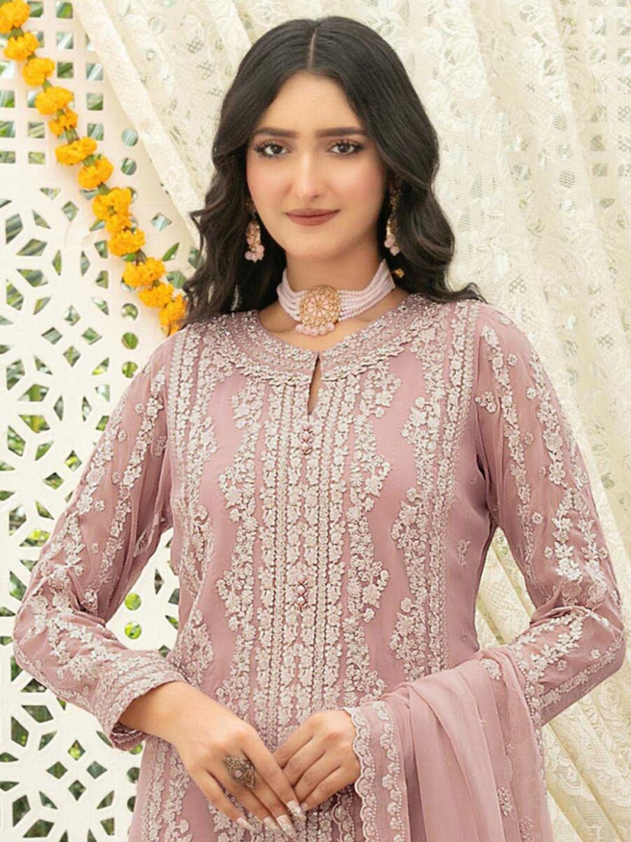 Dusty Heavy Chiffon Embroidery Wedding Party Festival Casual Palazzo Pant Salwar Kameez