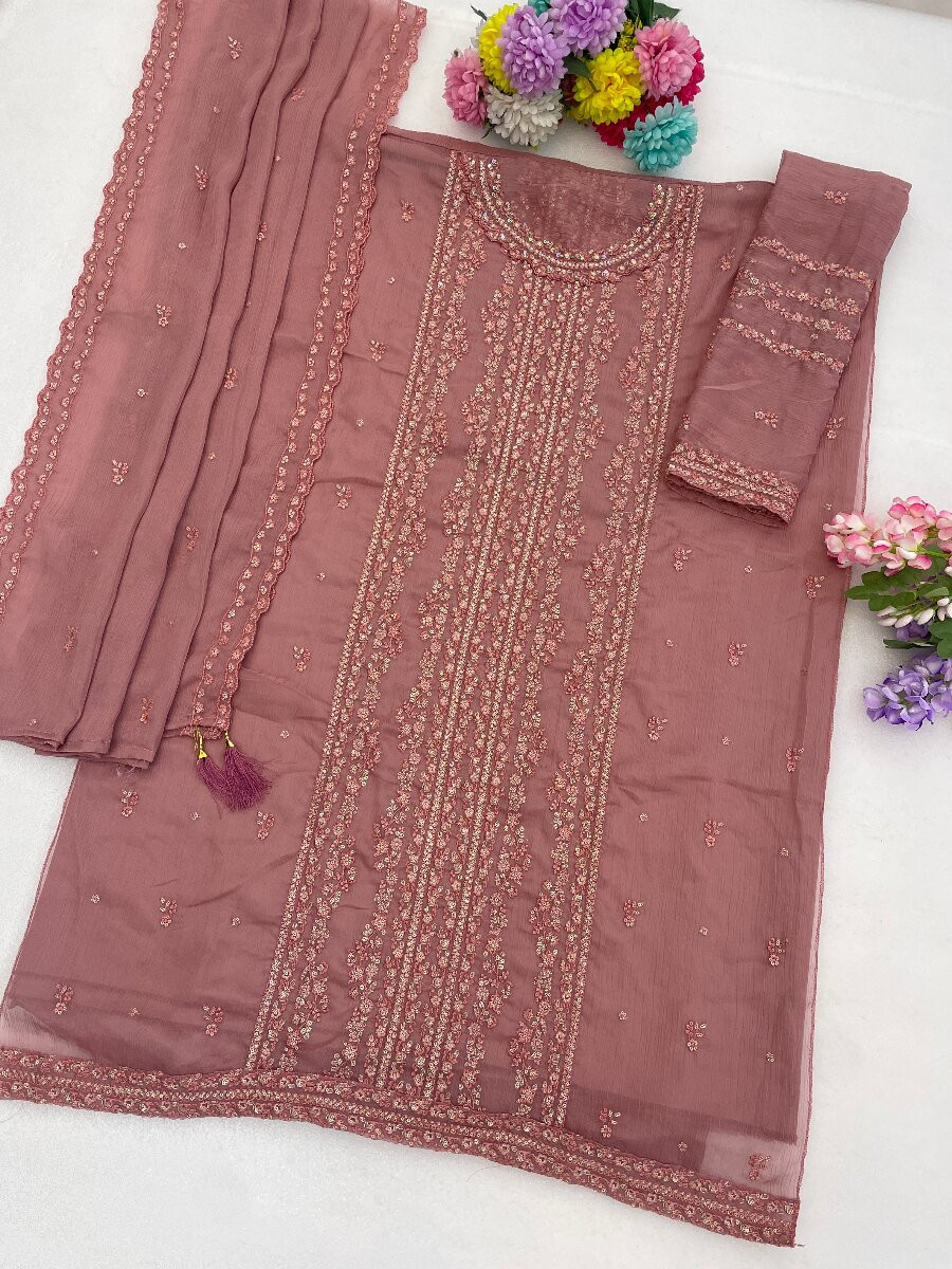 Dusty Heavy Chiffon Embroidery Wedding Party Festival Casual Palazzo Pant Salwar Kameez
