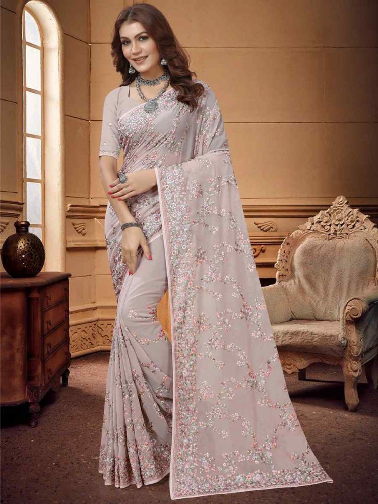 Dusty Lavnder Georgette Embroidered Wedding Festival Heavy Border Saree