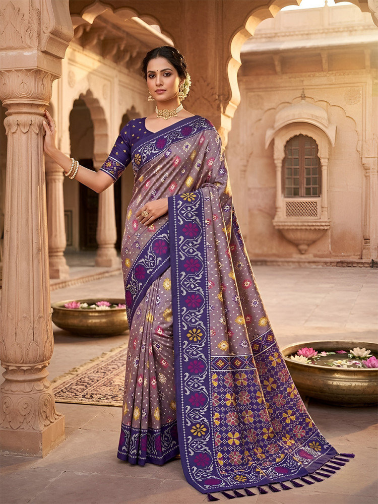 Image of Dusty Mauve Soft Silk Zari Weawing Meenakari Patola Design Wedding Reception Party Festival Casual Heavy Border Sarees
