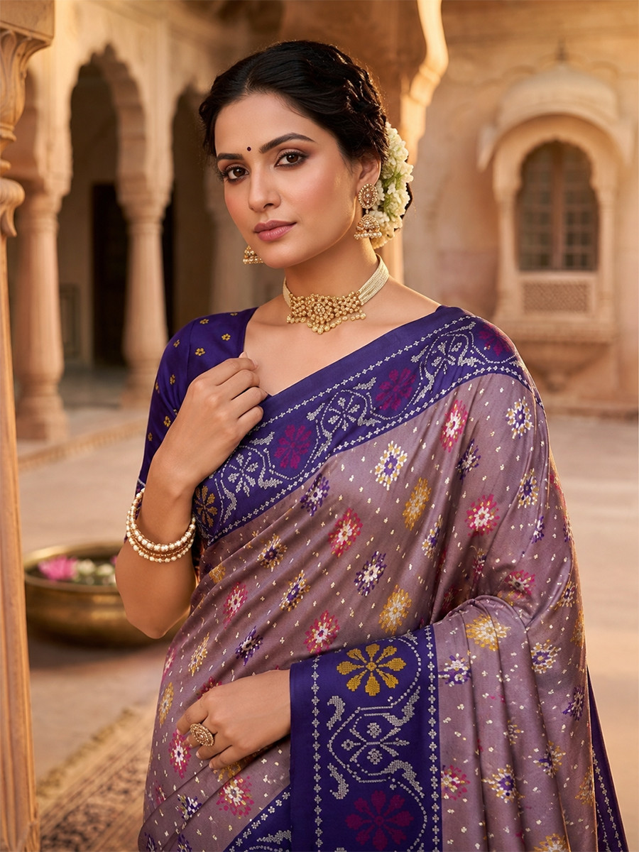 Dusty Mauve Soft Silk Zari Weawing Meenakari Patola Design Wedding Reception Party Festival Casual Heavy Border Sarees