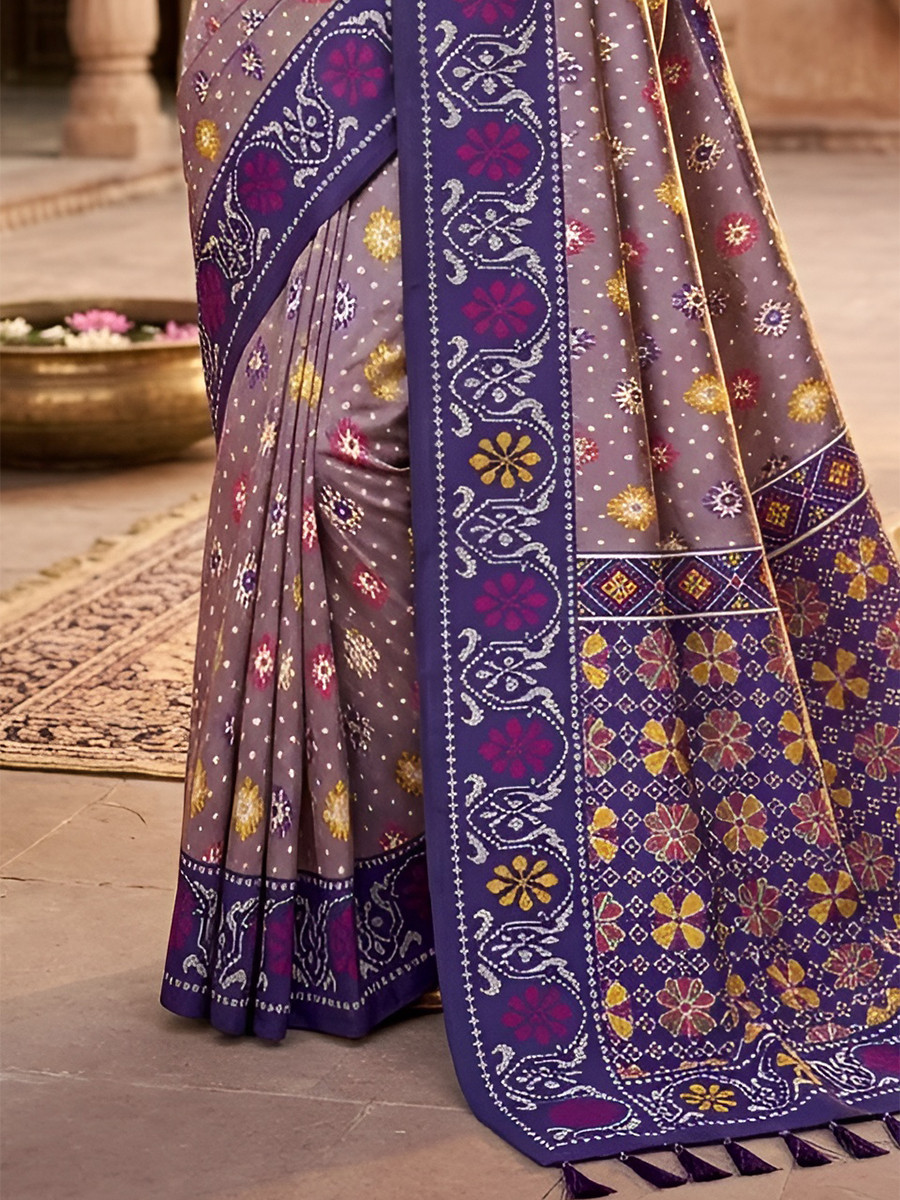 Dusty Mauve Soft Silk Zari Weawing Meenakari Patola Design Wedding Reception Party Festival Casual Heavy Border Sarees
