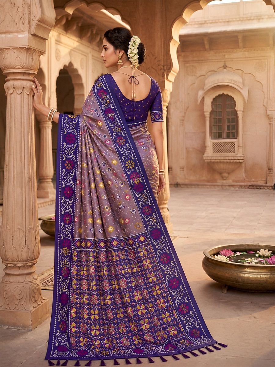 Dusty Mauve Soft Silk Zari Weawing Meenakari Patola Design Wedding Reception Party Festival Casual Heavy Border Sarees