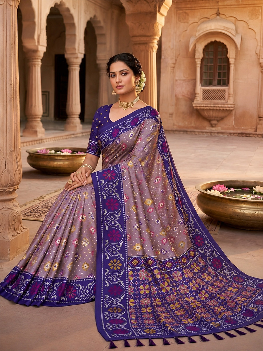 Dusty Mauve Soft Silk Zari Weawing Meenakari Patola Design Wedding Reception Party Festival Casual Heavy Border Sarees