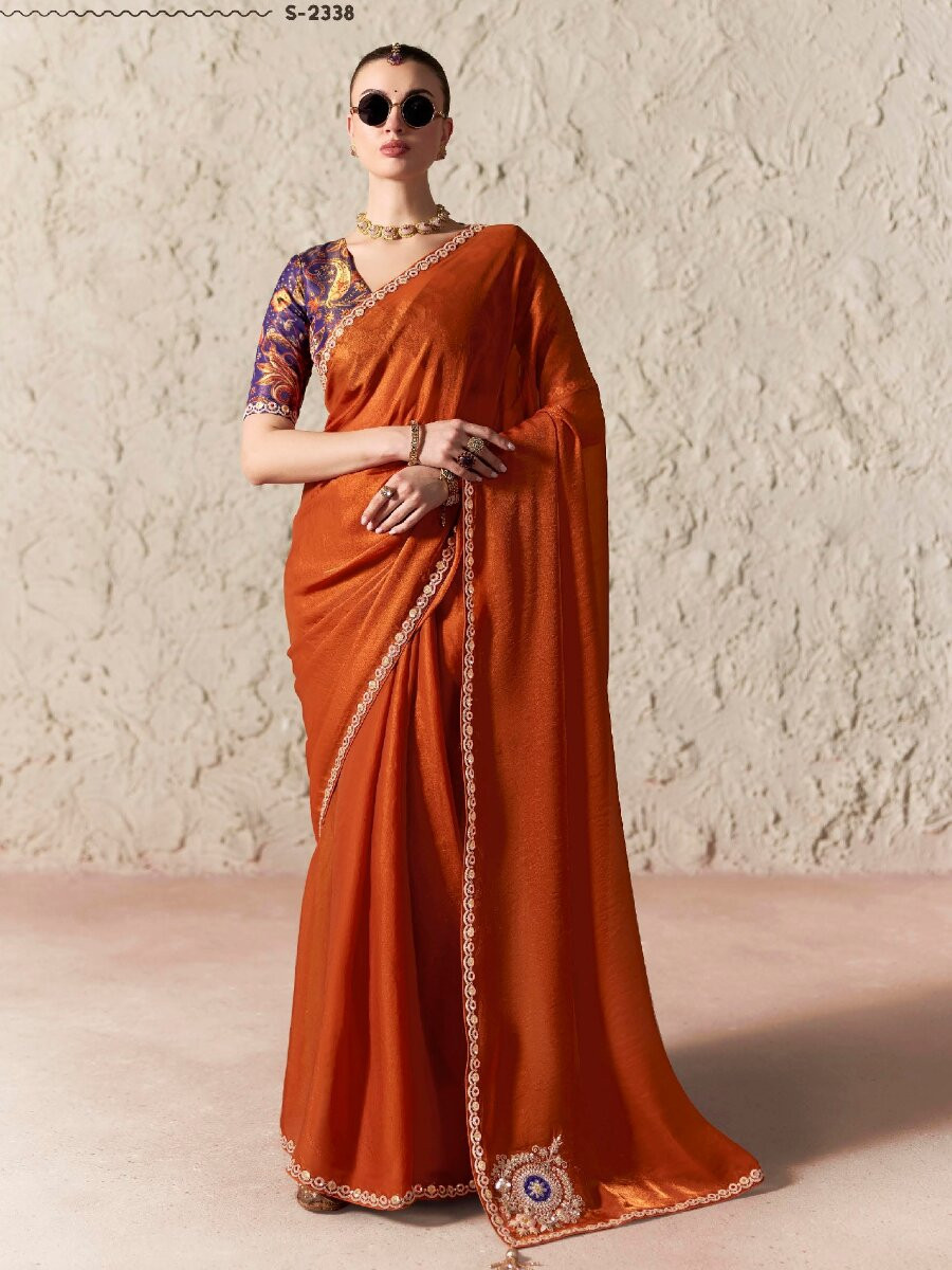 Dusty Orange Pure Fancy Tissue Silk Zari Sequins Wedding Reception Party Festival Heavy Border Sarees