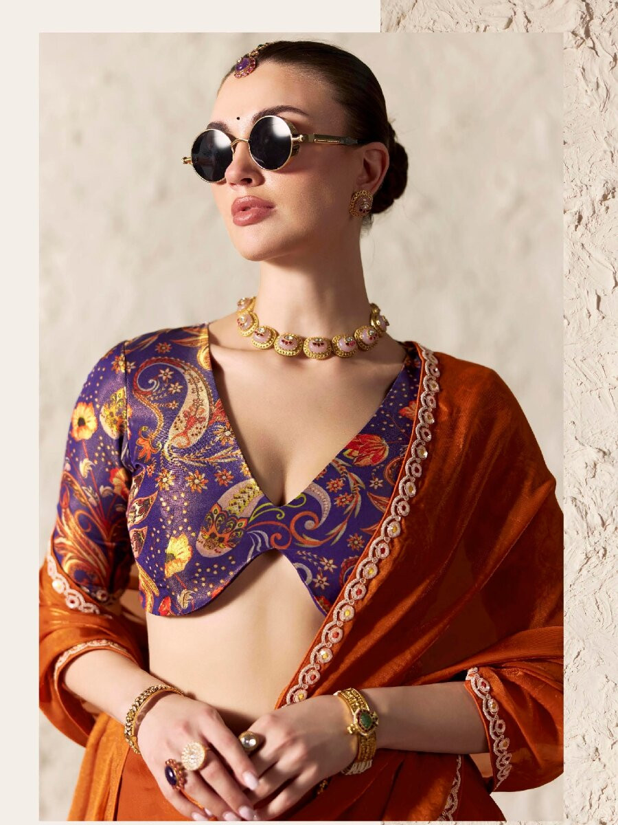 Dusty Orange Pure Fancy Tissue Silk Zari Sequins Wedding Reception Party Festival Heavy Border Sarees