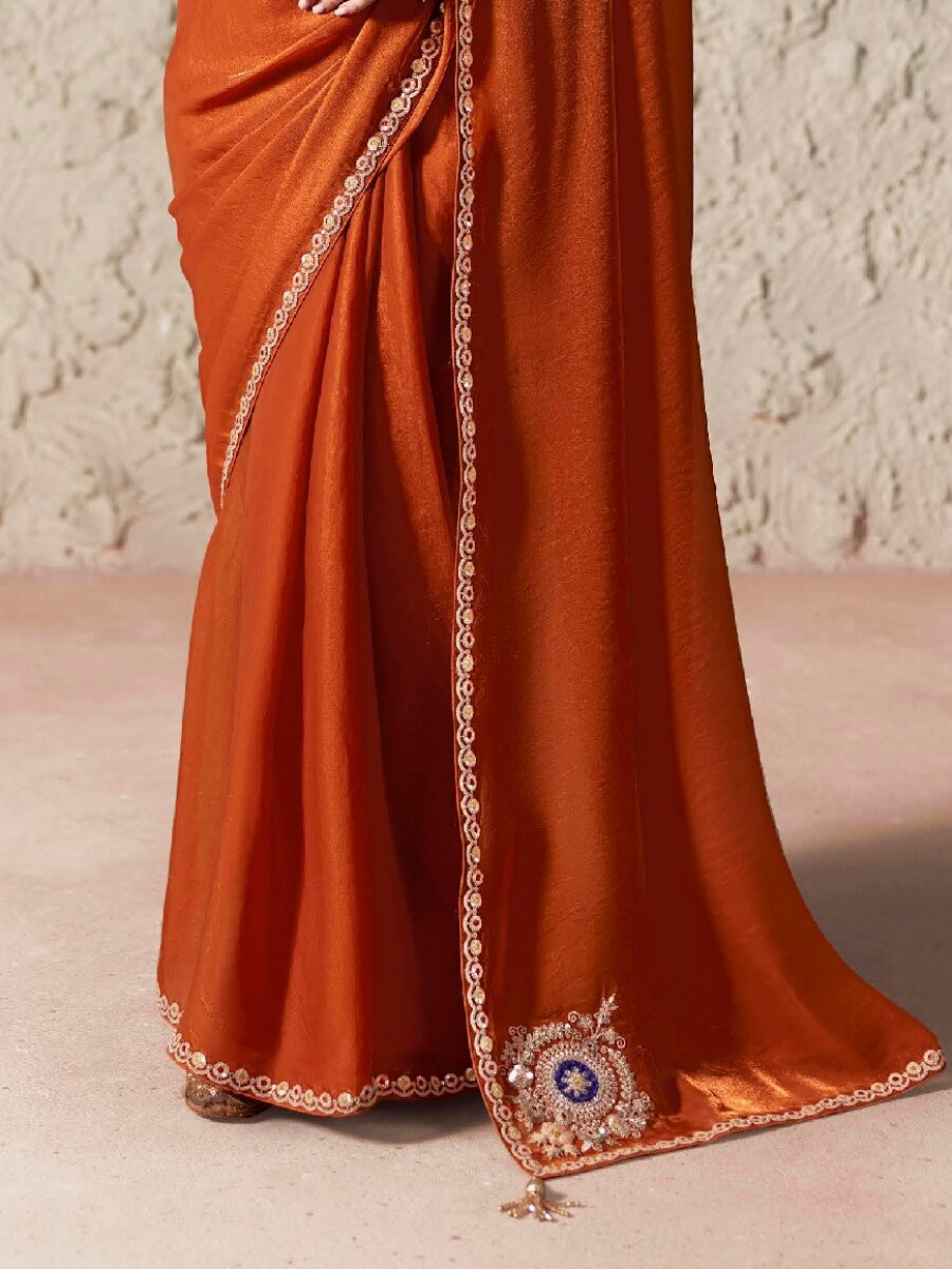 Dusty Orange Pure Fancy Tissue Silk Zari Sequins Wedding Reception Party Festival Heavy Border Sarees