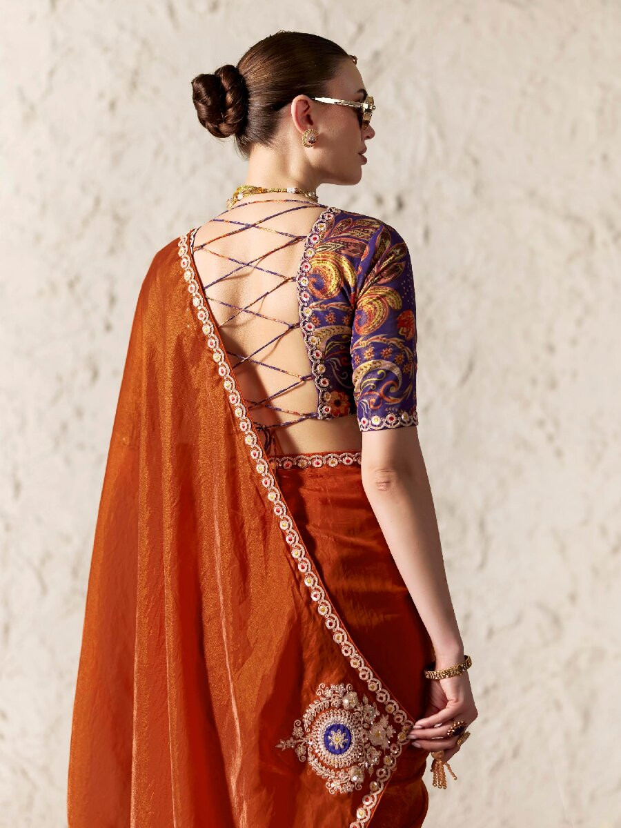 Dusty Orange Pure Fancy Tissue Silk Zari Sequins Wedding Reception Party Festival Heavy Border Sarees