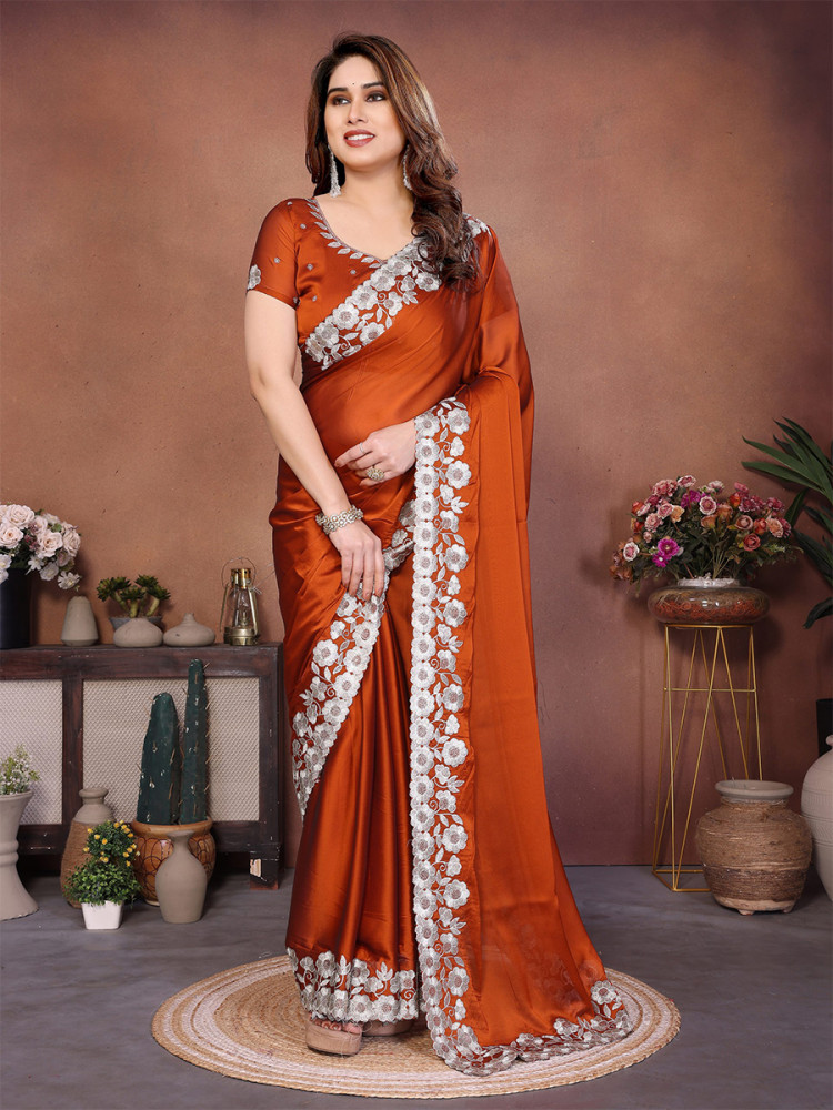 Image of Dusty Orange Silk Embroidery Wedding Festival Reception Party Wear Heavy Border Saree