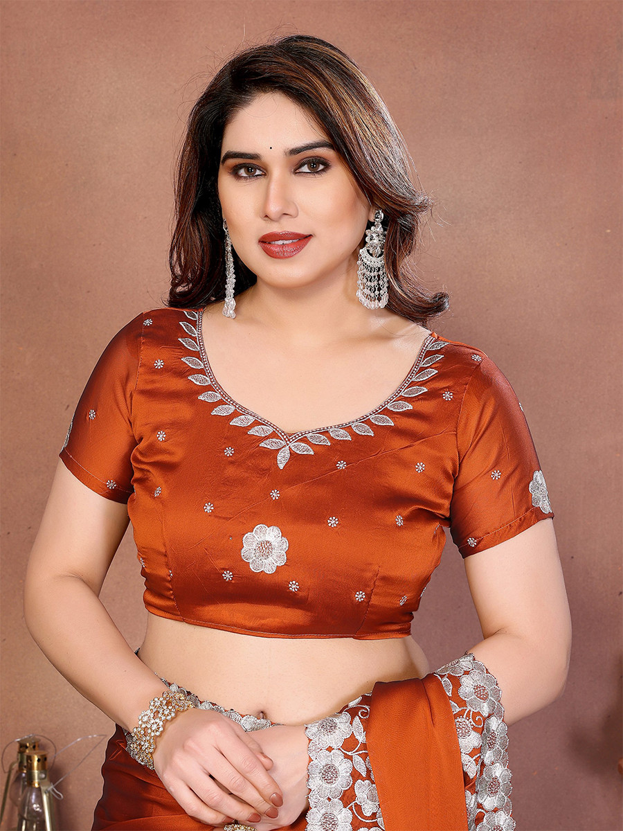 Dusty Orange Silk Embroidery Wedding Festival Reception Party Wear Heavy Border Saree