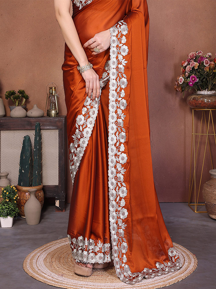 Dusty Orange Silk Embroidery Wedding Festival Reception Party Wear Heavy Border Saree