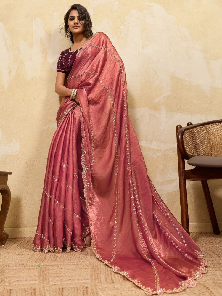 Image of Dusty Orange Velvet Satin Sequins Wedding Reception Festival Party Heavy Border Sarees